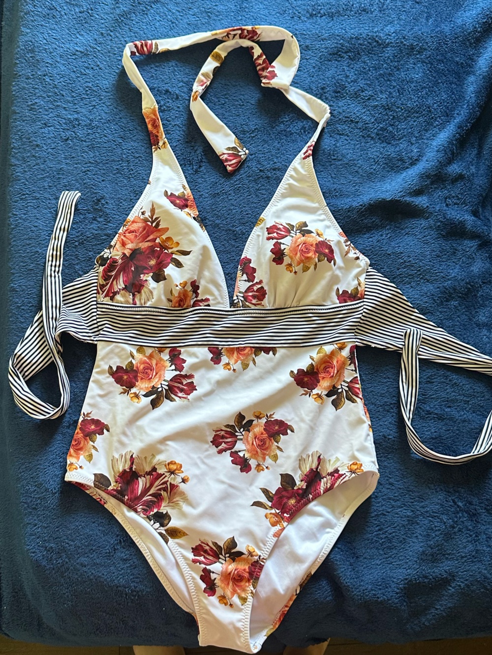 NWOT Floral One-Piece Swimsuit with Striped Tie